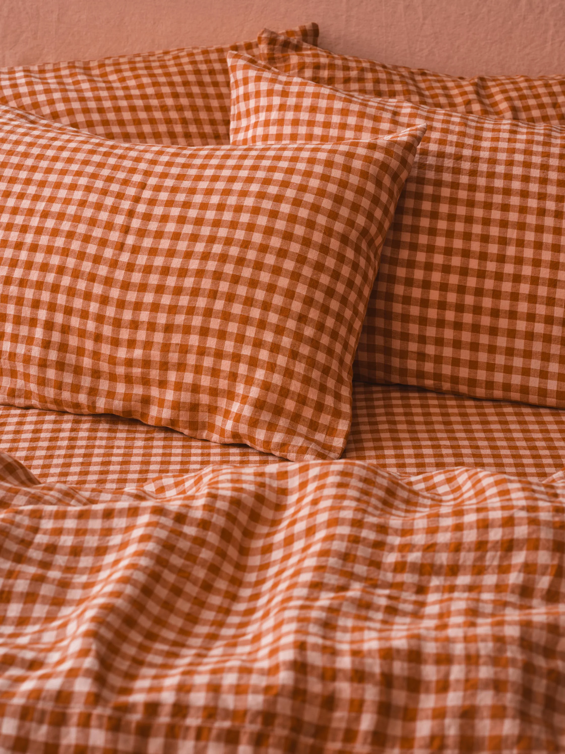 Carefully Designed Cinnamon Peach Colour Drenched Gingham Linen Blend Pillowcases Pair User-Friendly