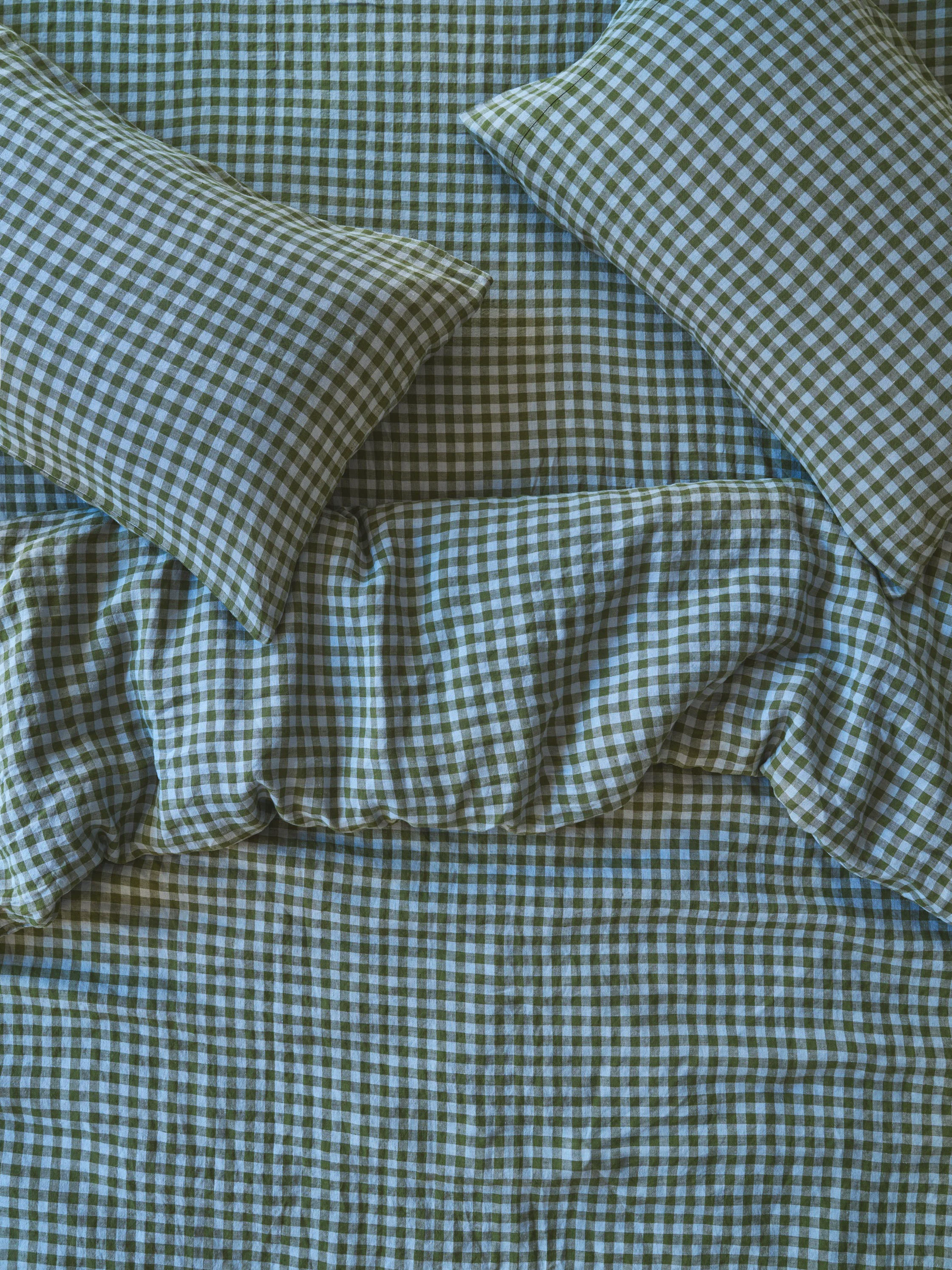 Responsible Fern Green Dusk Blue Colour Drenched Gingham Linen Duvet Cover Prestigious