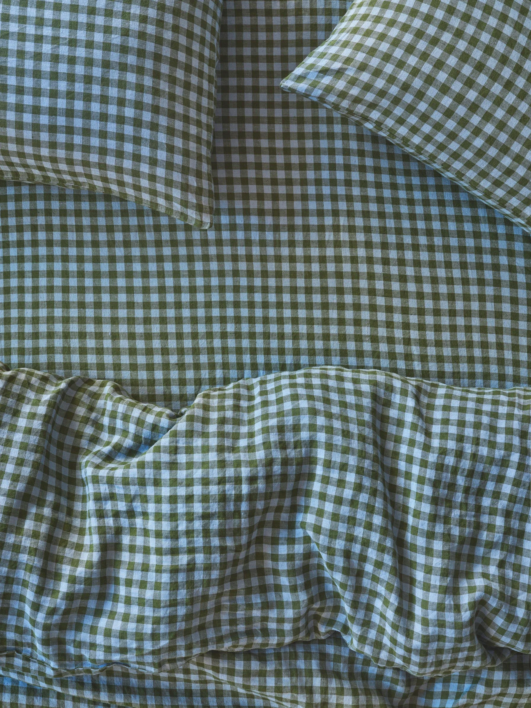 Top-Quality Fern Green Dusk Blue Colour Drenched Gingham Linen Blend Fitted Sheet Functional
