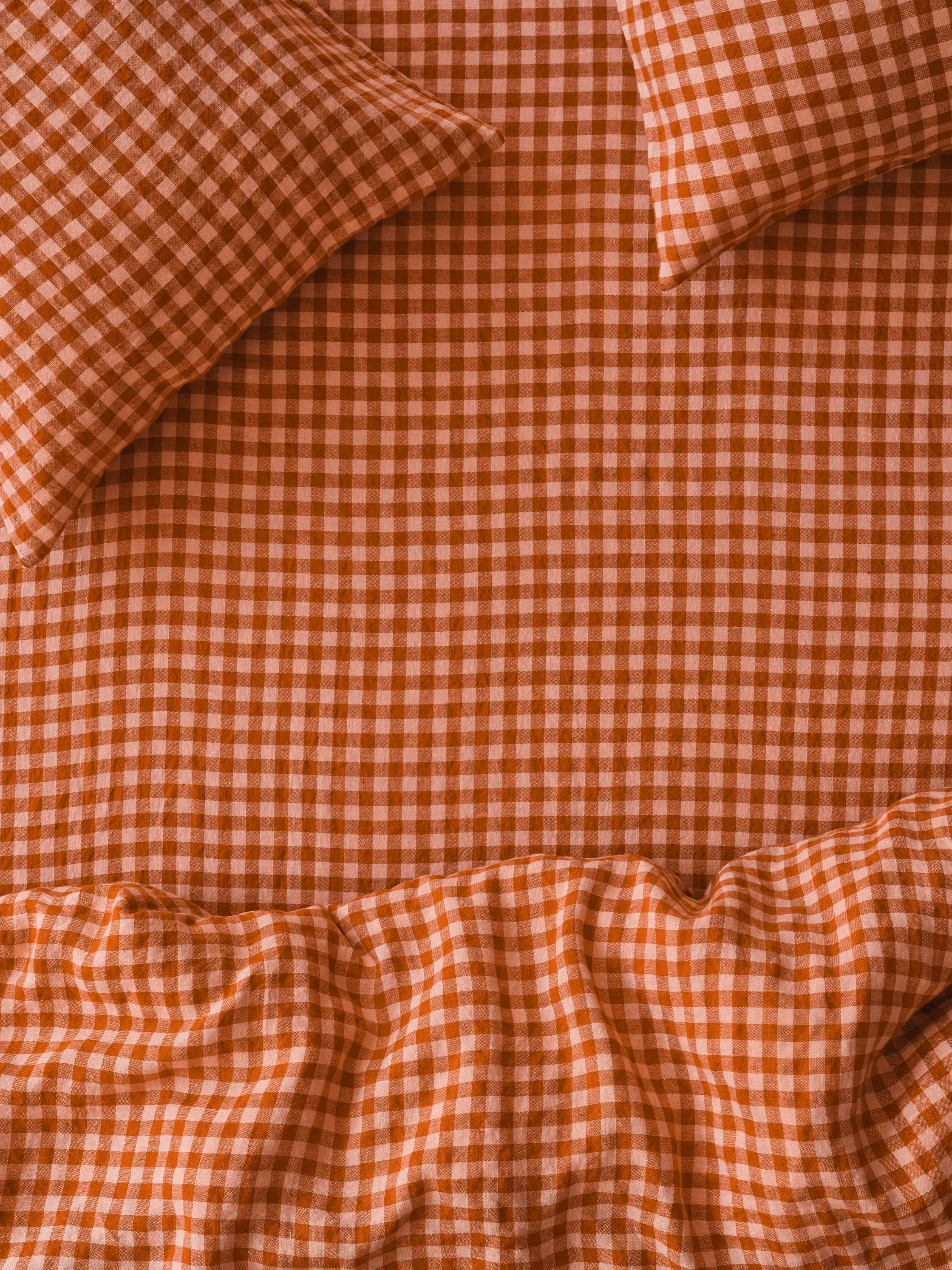 Authentic Cinnamon Peach Colour Drenched Gingham Linen Blend Fitted Sheet Solid