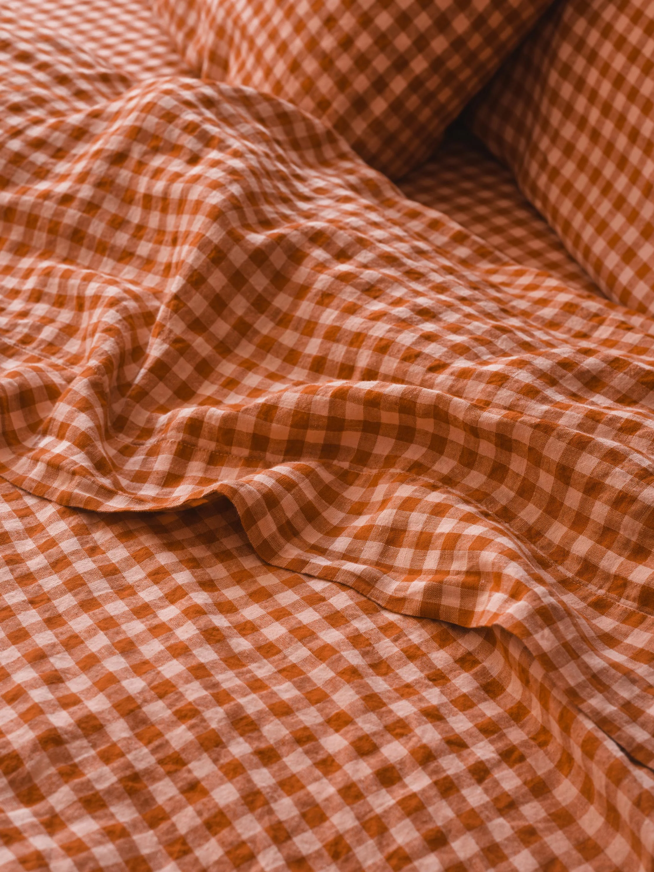 Original Design Cinnamon Peach Colour Drenched Gingham Linen Blend Flat Sheet Specialty