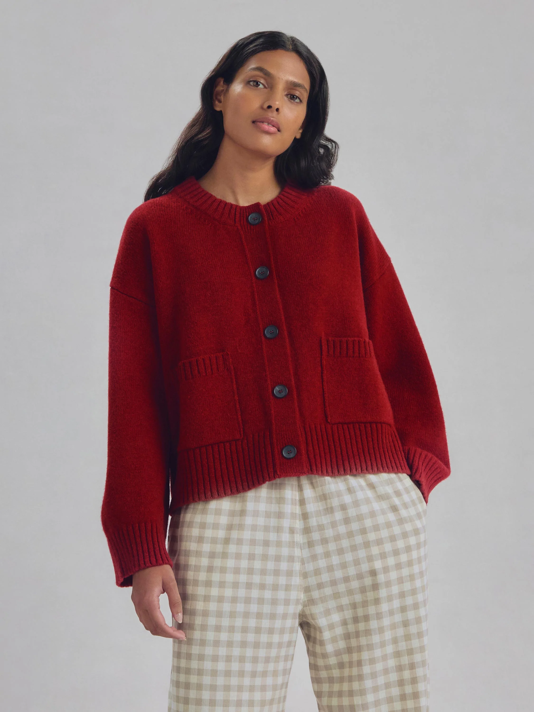 Verified Red Crew Neck Wool Cardigan Excellent