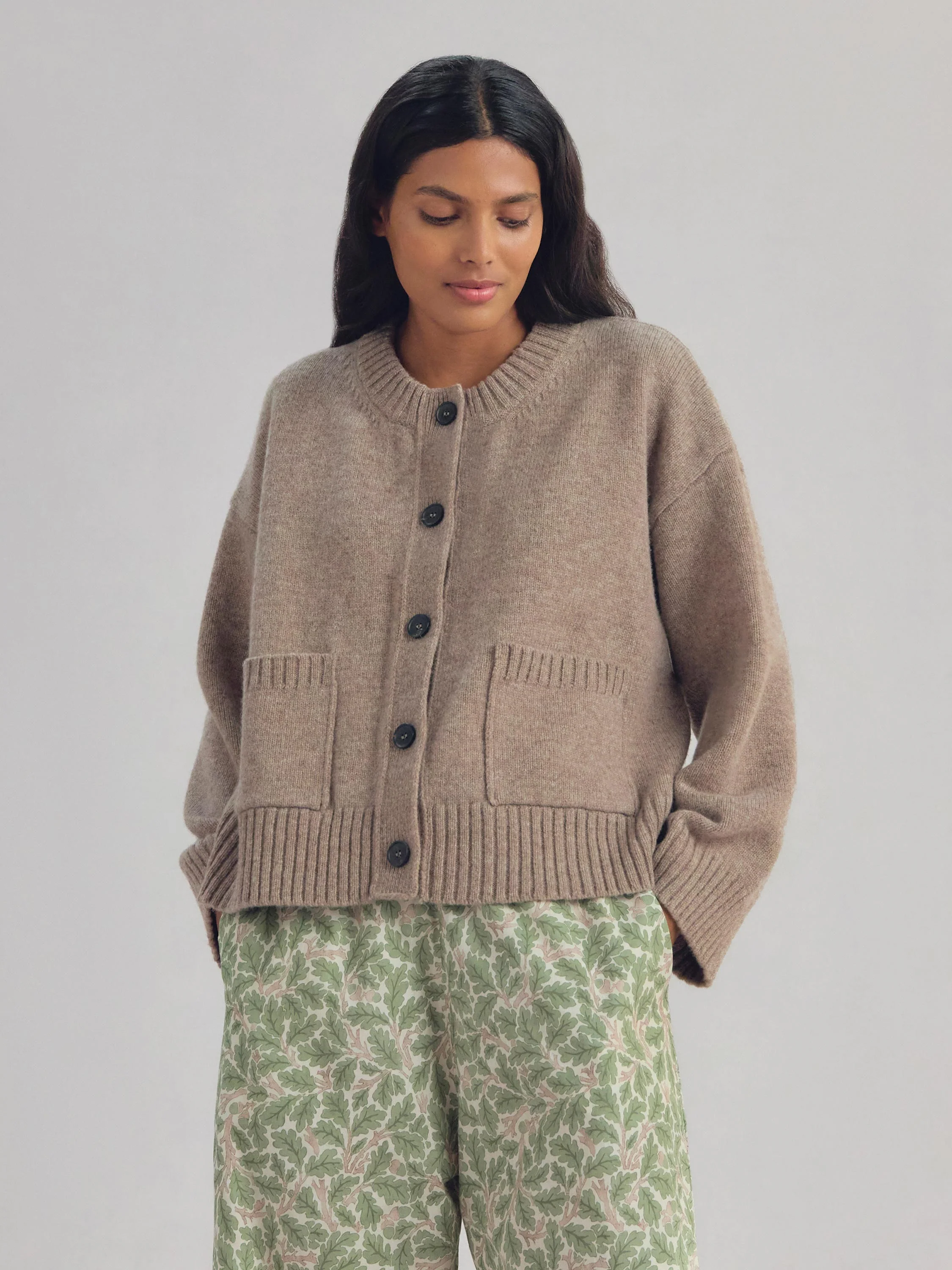 Versatile Heather Brown Crew Neck Wool Cardigan Effective