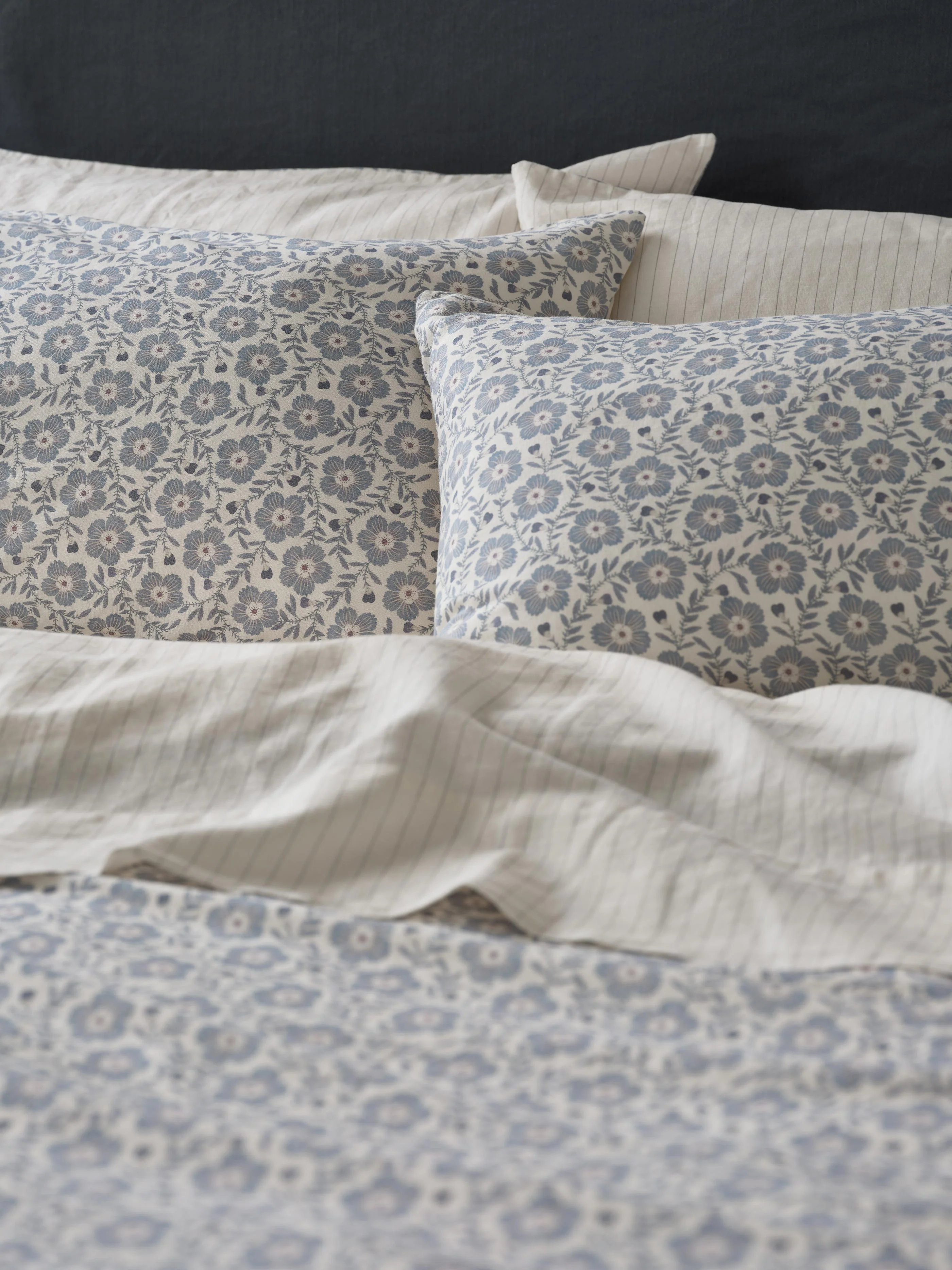 Solid Dusk Blue Folk Floral Linen Blend Pillowcases Pair Fine