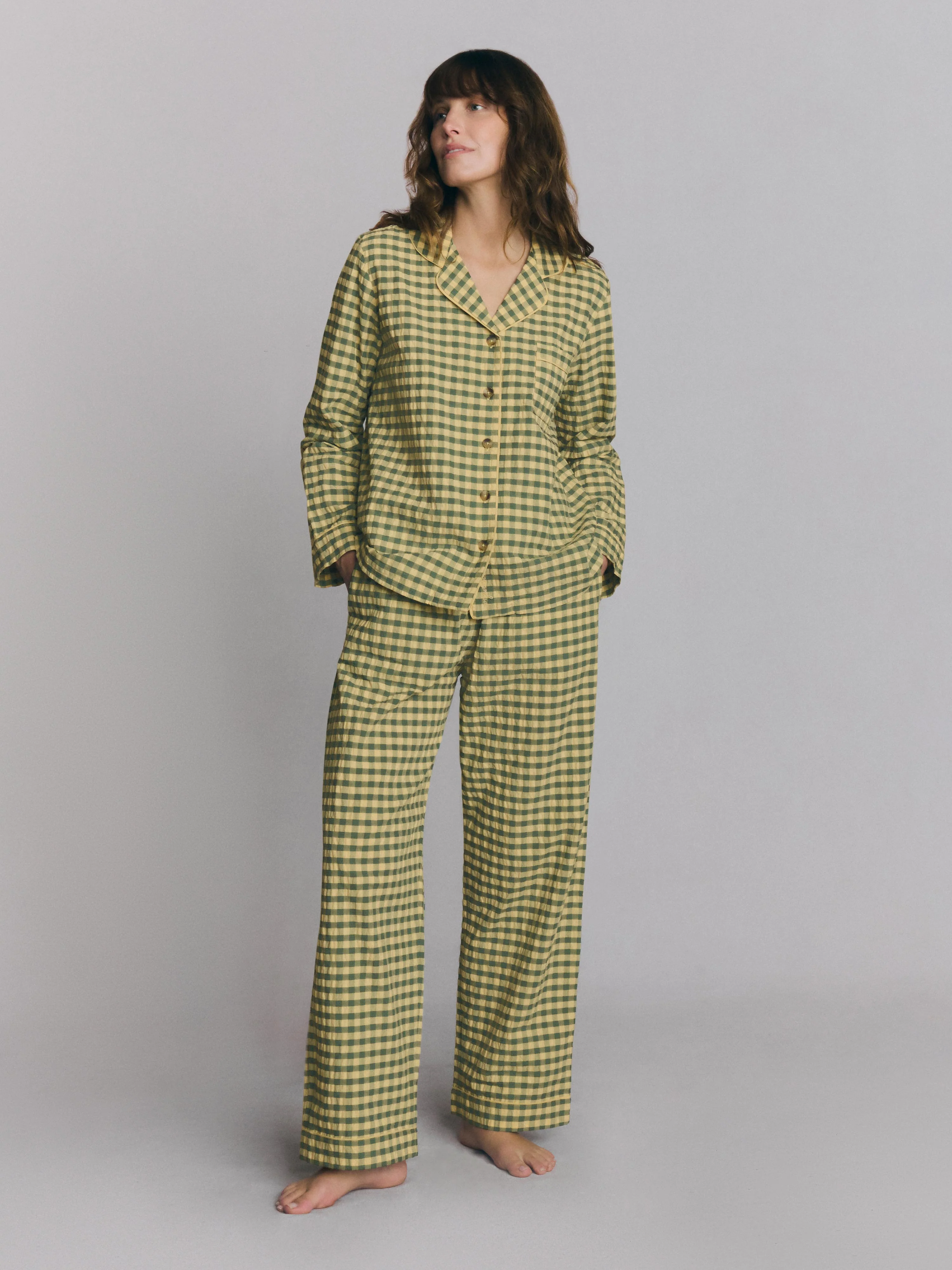 Easy-to-Use Elm Green Butter Yellow Gingham Cotton Trouser Set Specialty