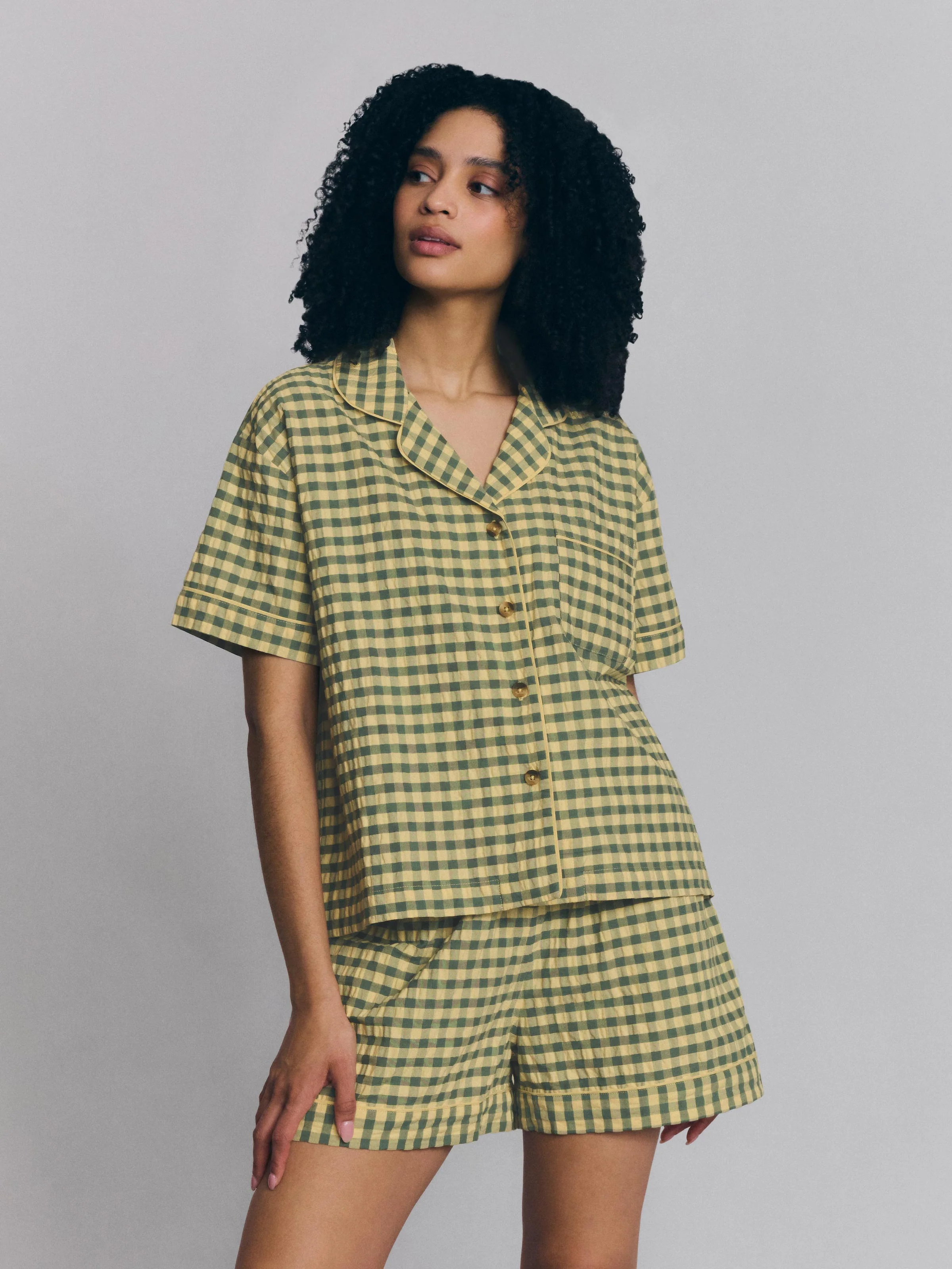 Modern Elm Green Butter Yellow Gingham Cotton Shorts Set Casual