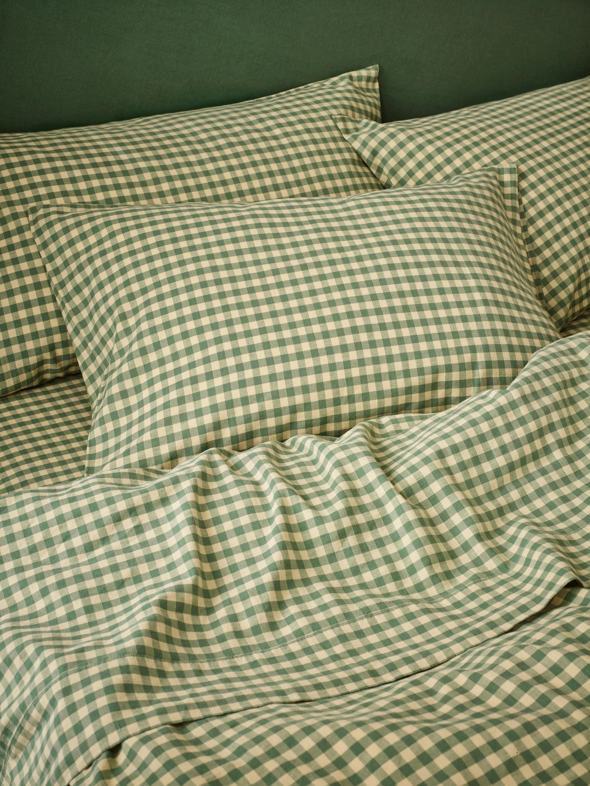 Smart Elm Green Butter Yellow Colour Drenched Gingham Linen Blend Pillowcases Pair Pure