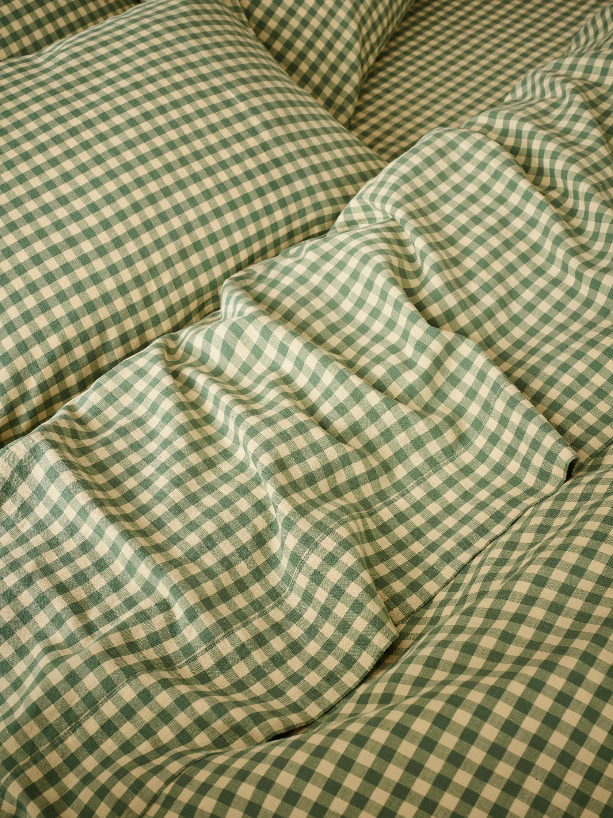 First-Class Elm Green Butter Yellow Colour Drenched Gingham Linen Blend Flat Sheet Versatile