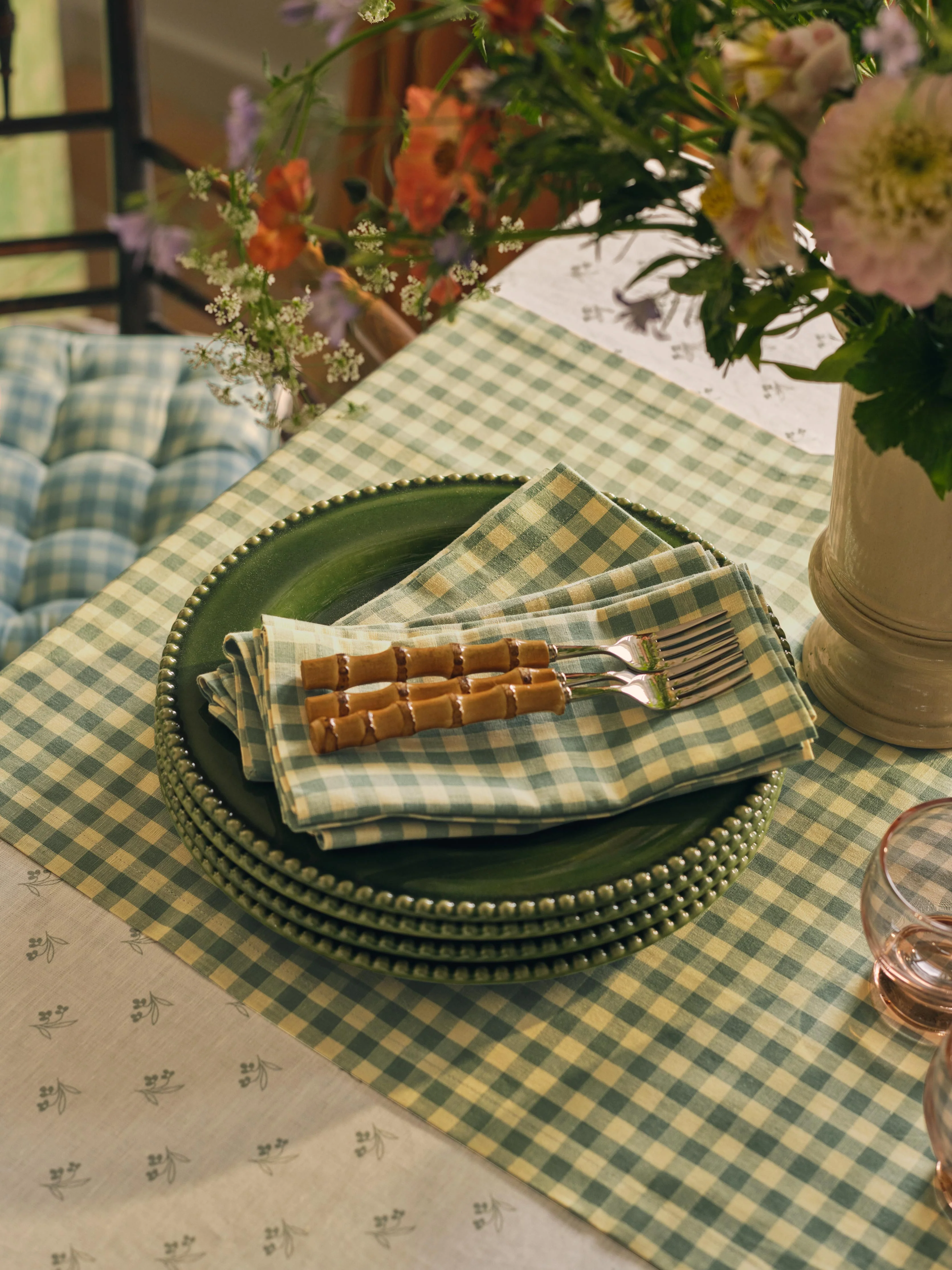 Reusable Elm Green Butter Yellow Gingham Linen Blend Table Runner High-End