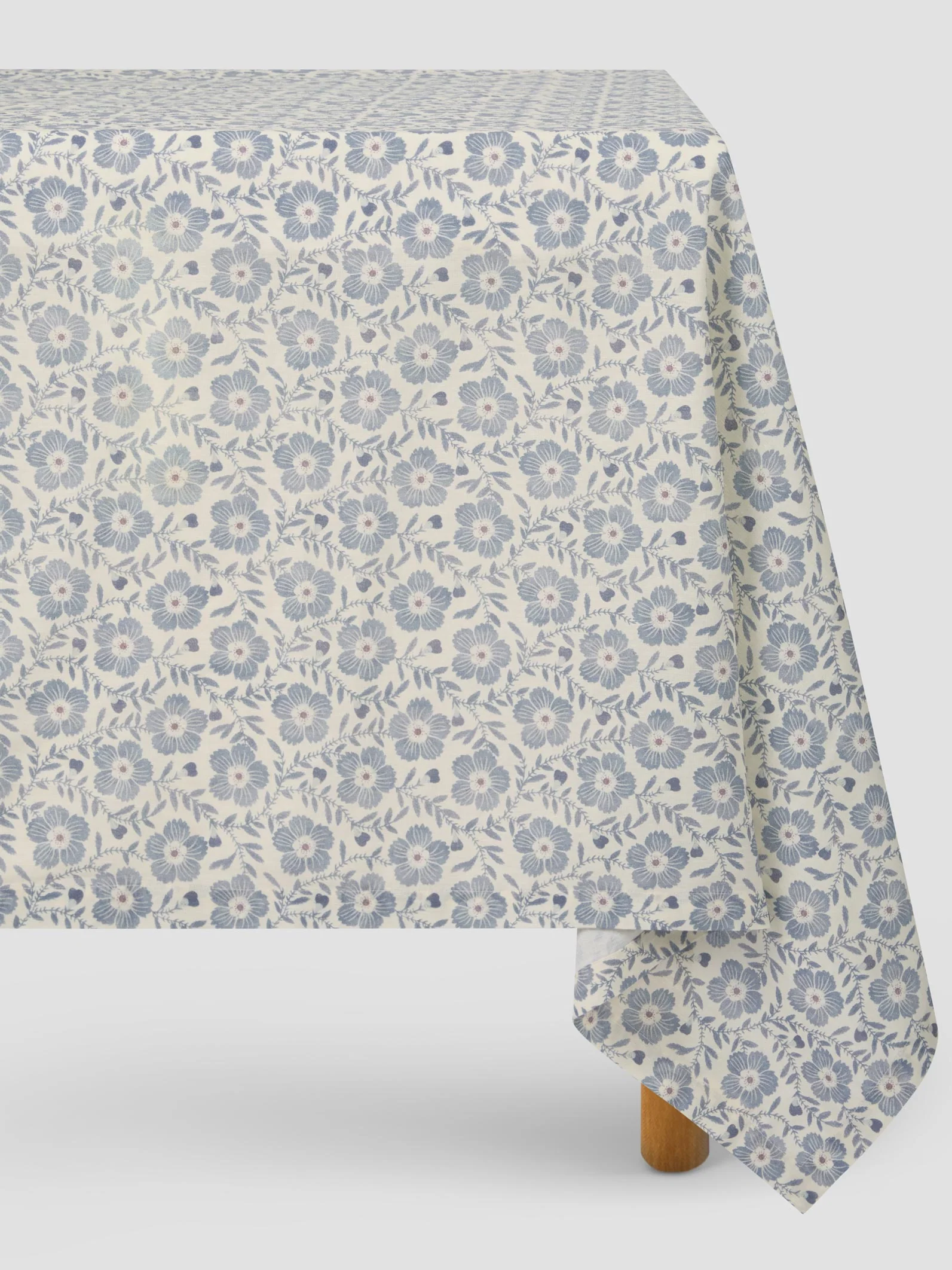Certified Dusk Blue Folk Floral Linen Blend Tablecloth Breathable