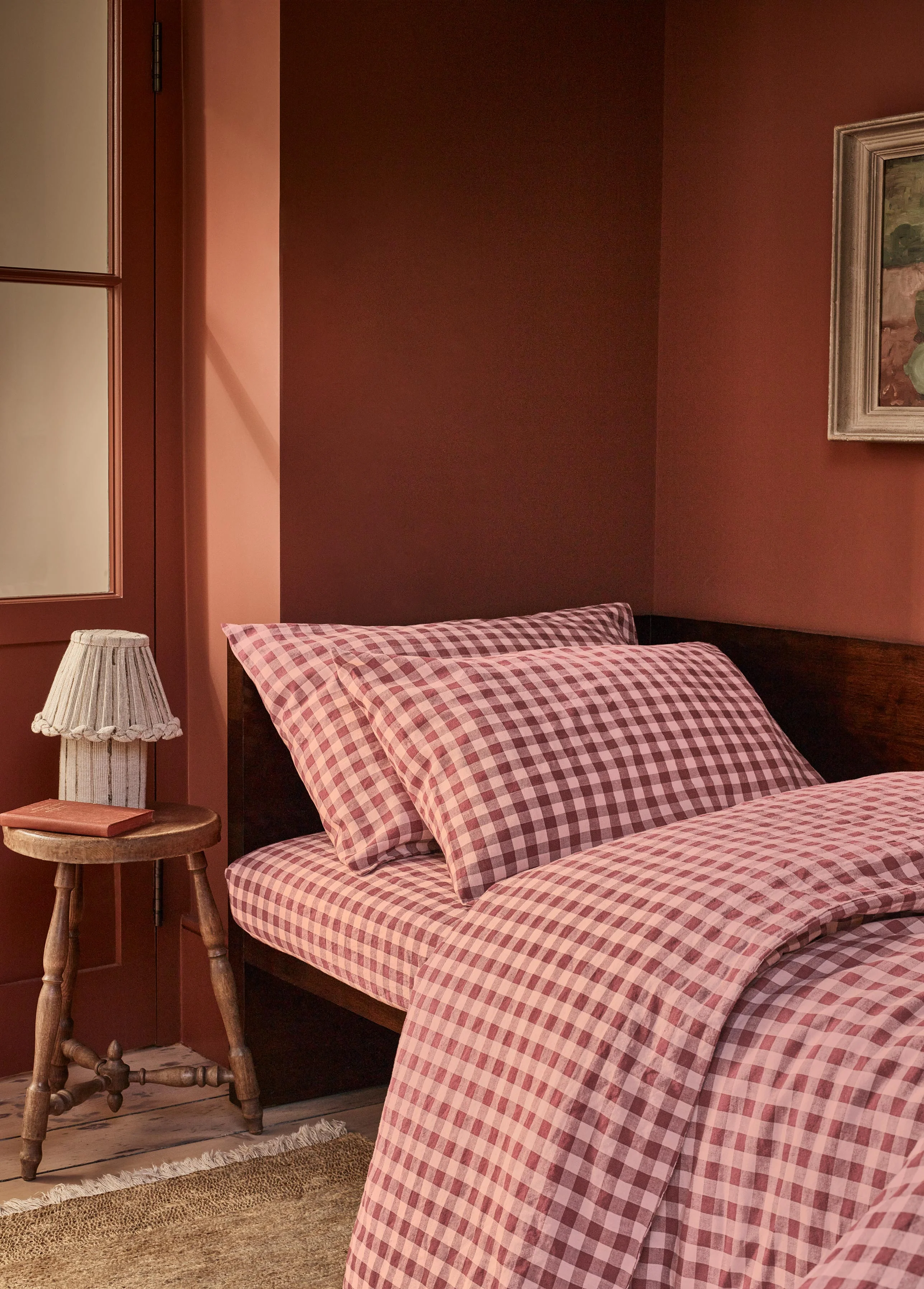 Traditional Rhubarb Rose Pembroke Gingham Linen Blend Duvet Cover Detailed