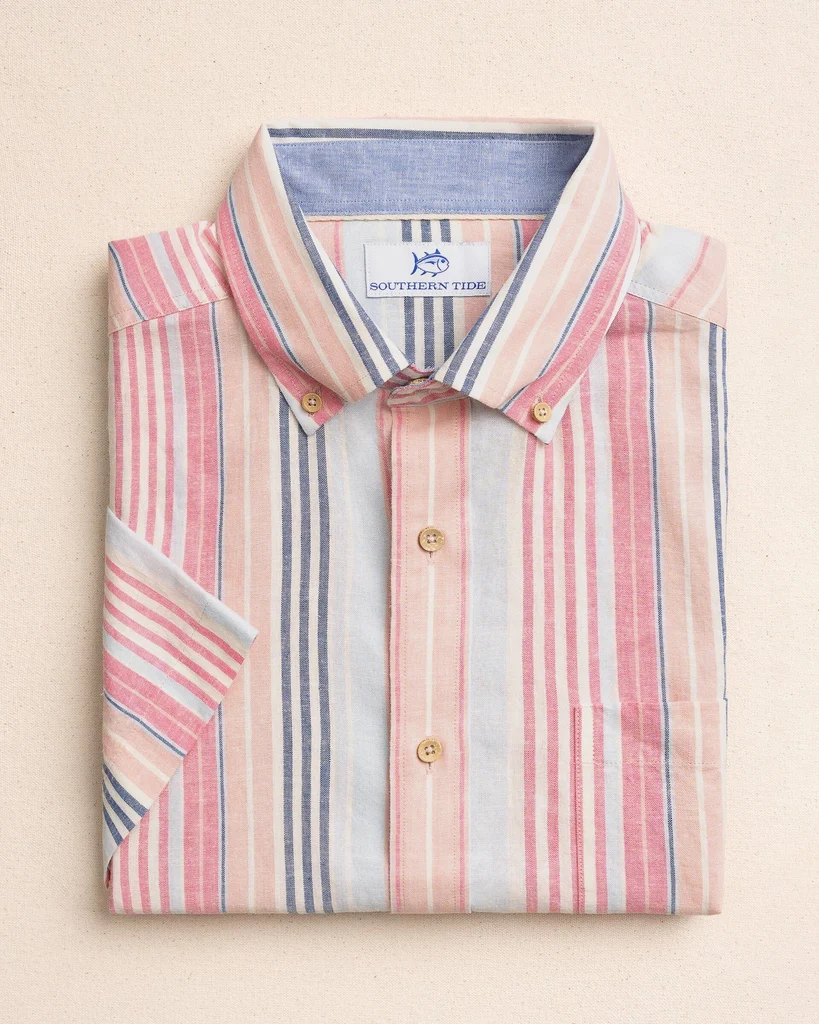 Contemporary Sea Voyage Stripe Linen Rayon Short Sleeve Sport Shirt Detailed