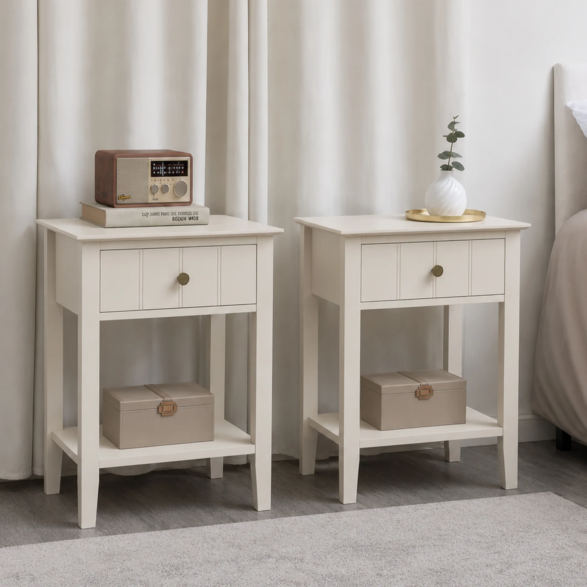 Fine Crafted Pair Of Ivory One Drawer Bedside Tables with Shelf – Padstowe Ivory Range Elegant