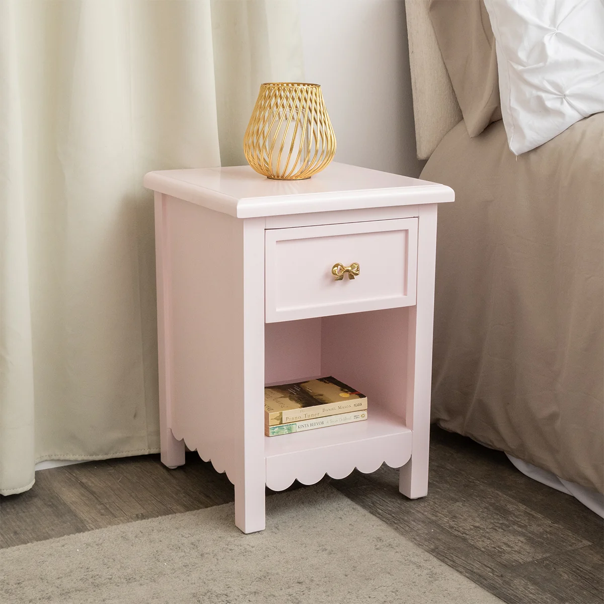 Trendy One Drawer Scalloped Bedside Table – Staunton Pink Range Classic