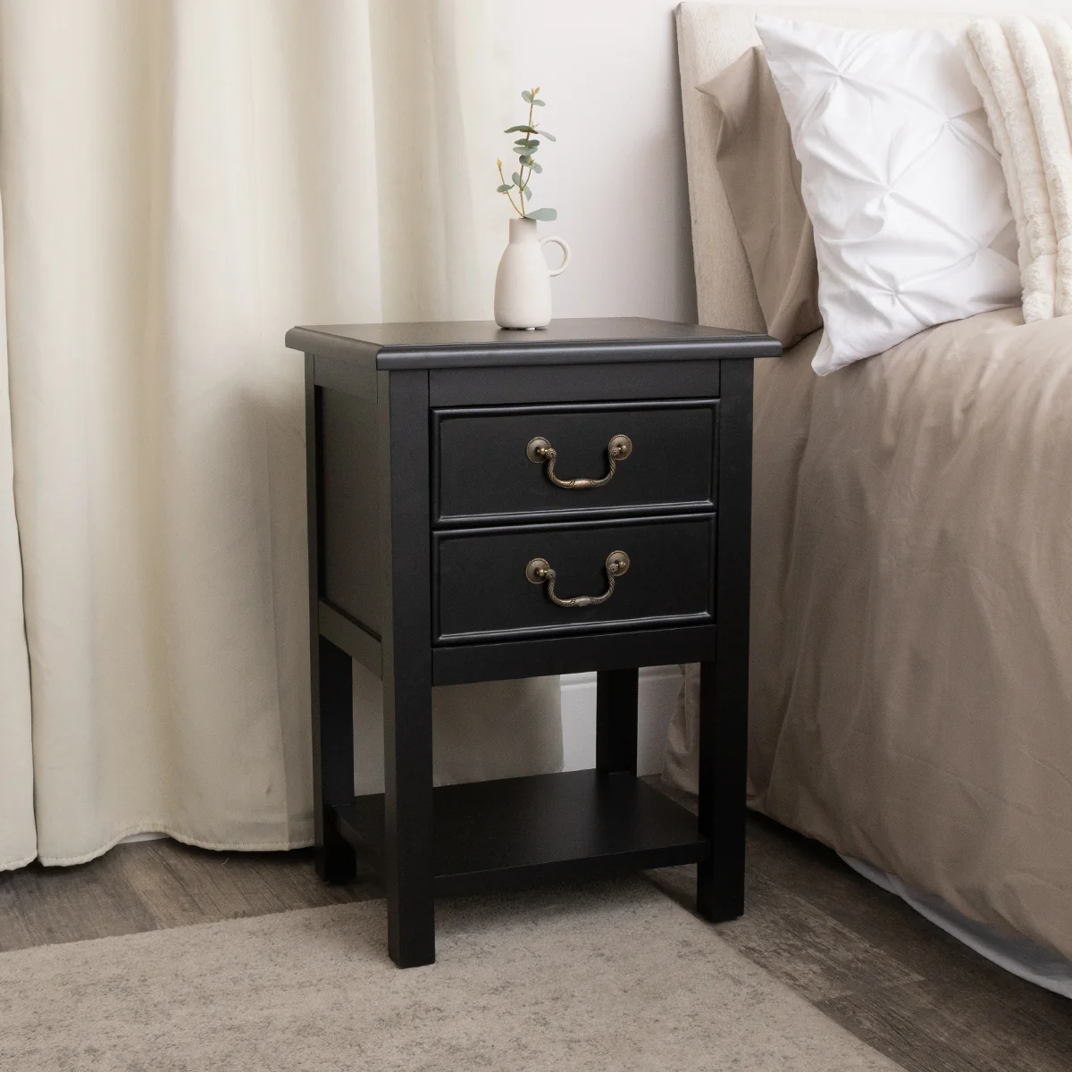 Consistent Black 2 Drawer Bedside Table with Shelf – Briggs Range Breathable