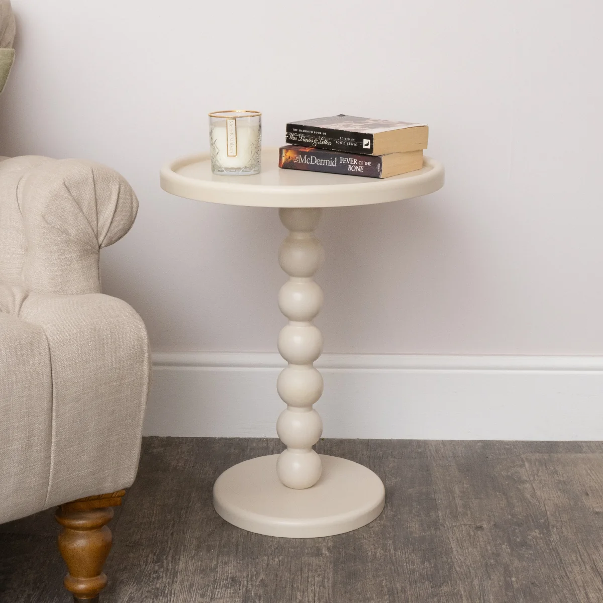 Powerful Taupe Painted Round Wooden Bobble Side Table – 45cm x 56.5cm High-End