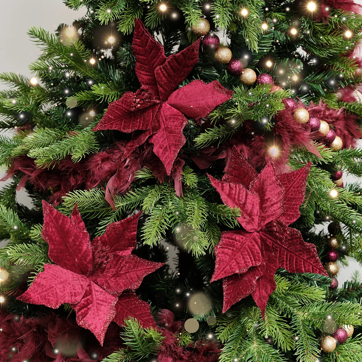 Effective Set of 3 Burgundy Velvet Poinsettia Floral Tree Decorative Picks – 22cm Original Design