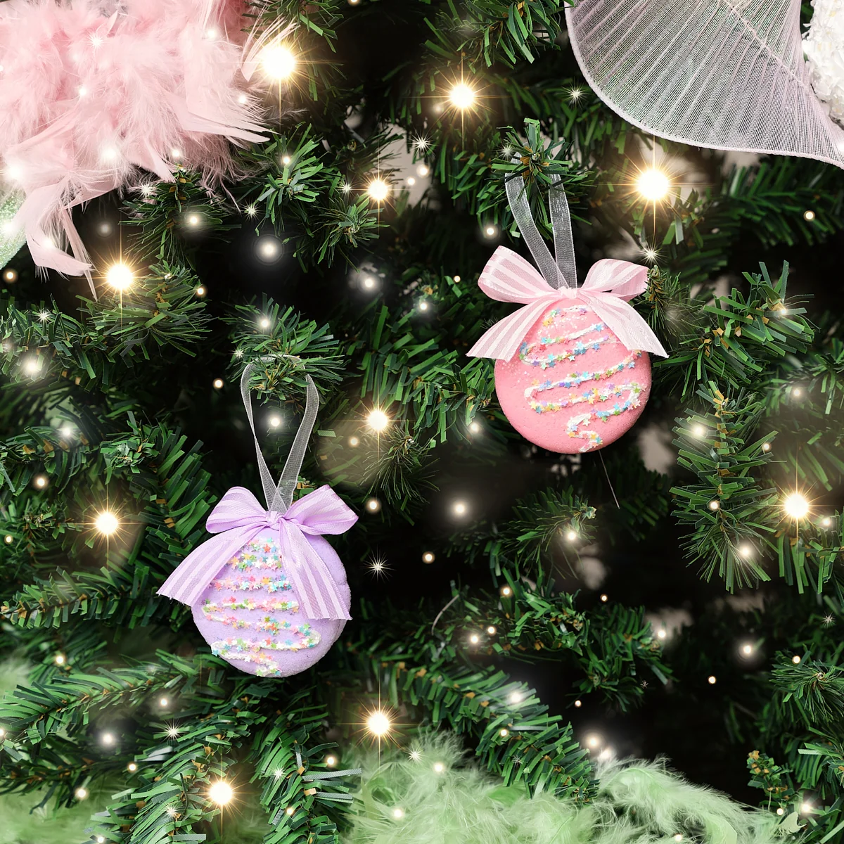 Traditional Set of 2 Pink Purple Pastel Hanging Macaron Bauble Decorations – 5.5cm High-Performance