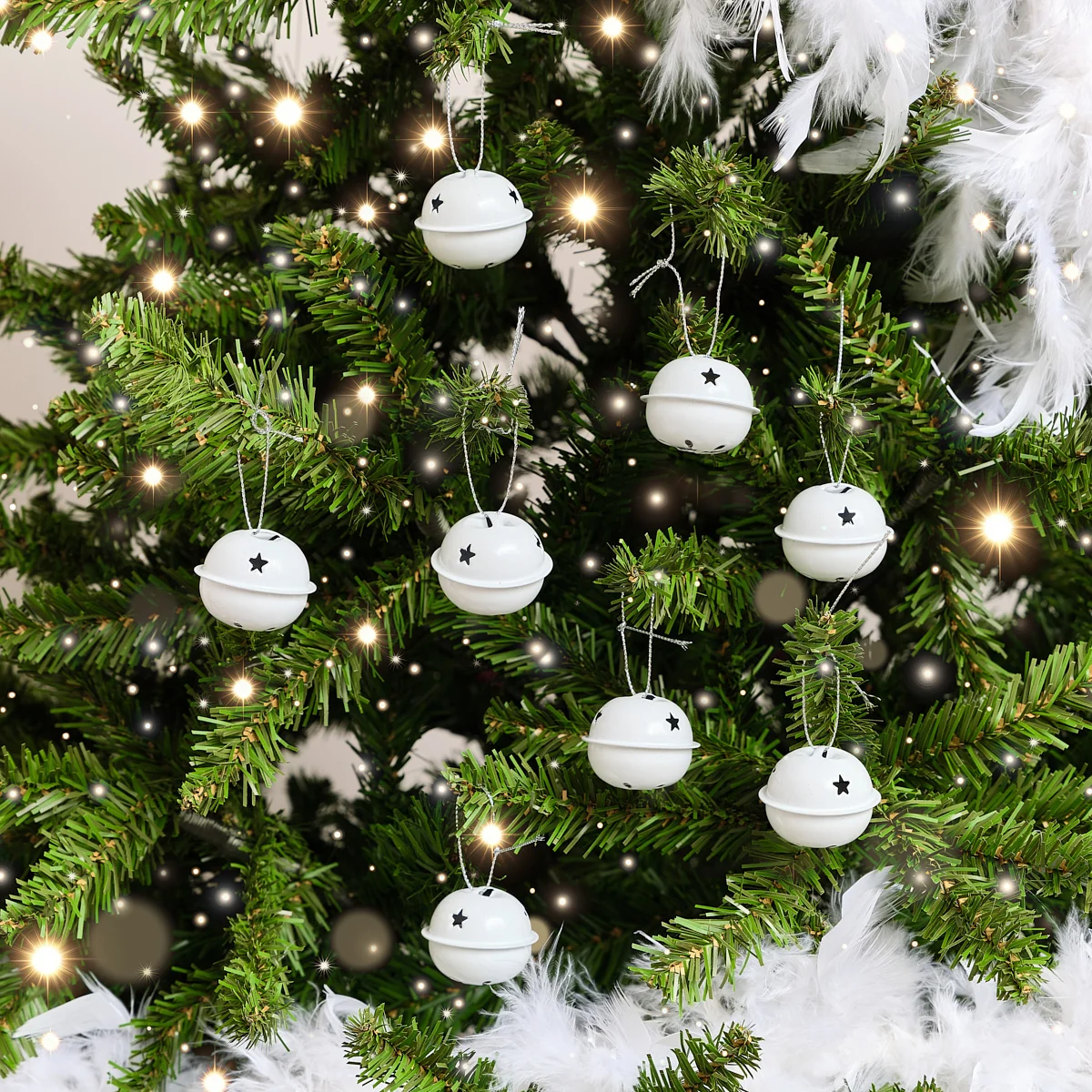 Functional Set of 8 White Hanging Bell Christmas Decorations – 4cm Carefully Designed