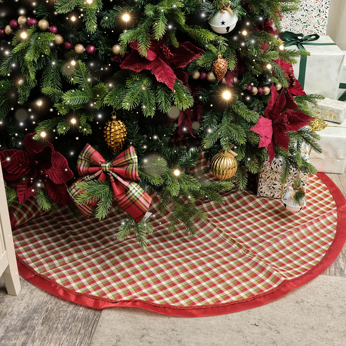 Unique Red Checked Print Christmas Tree Skirt – 120cm Next-Generation