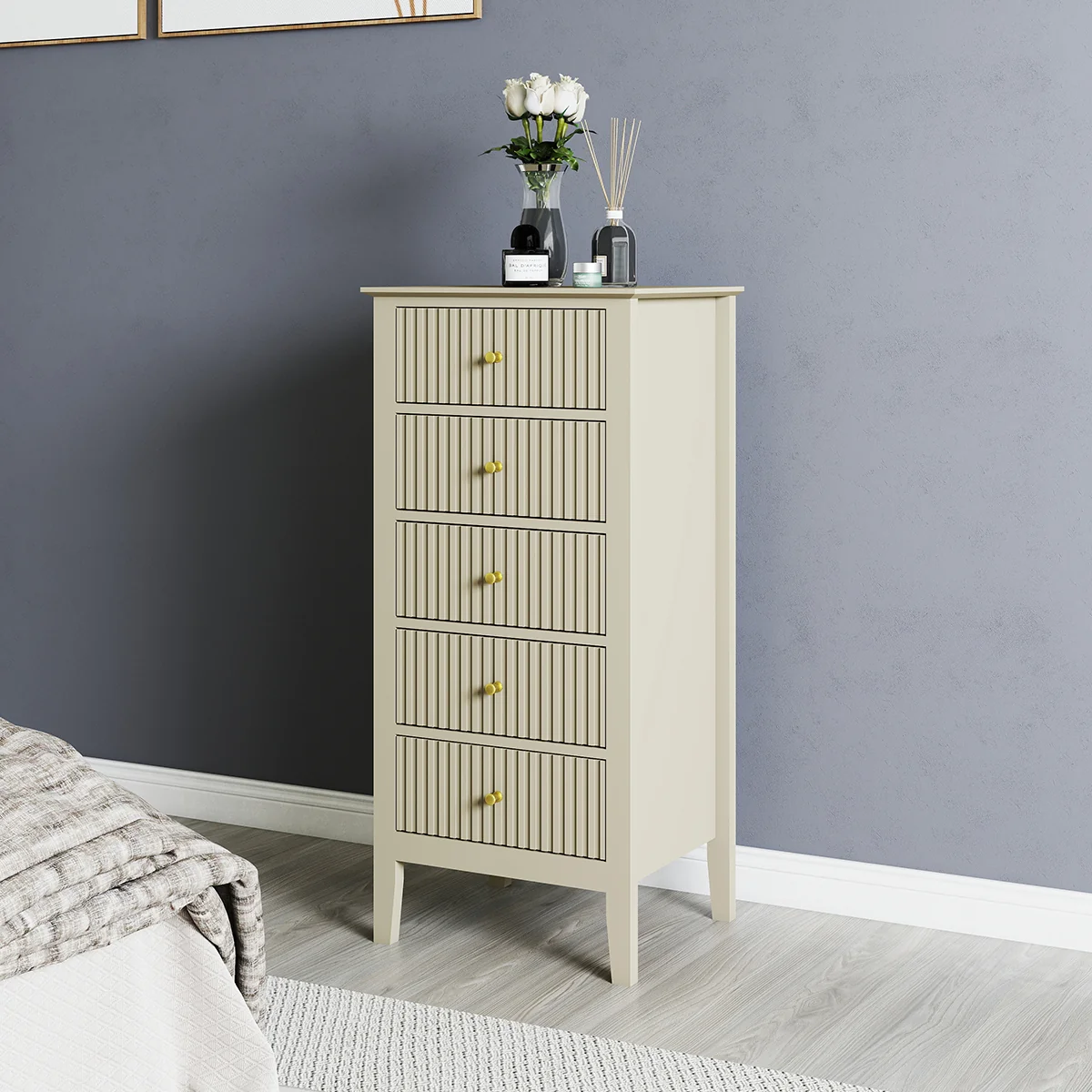Carefully Designed Tall 5 Drawer Bedside Table – Hales Taupe Range Original Design