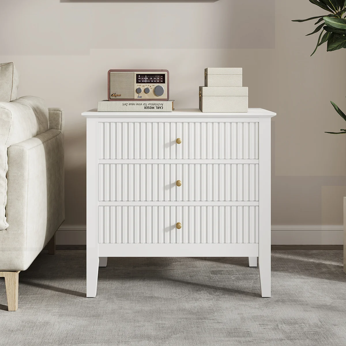 Elegant Large 3 Drawer Bedside Table – Hales White Range Convenient