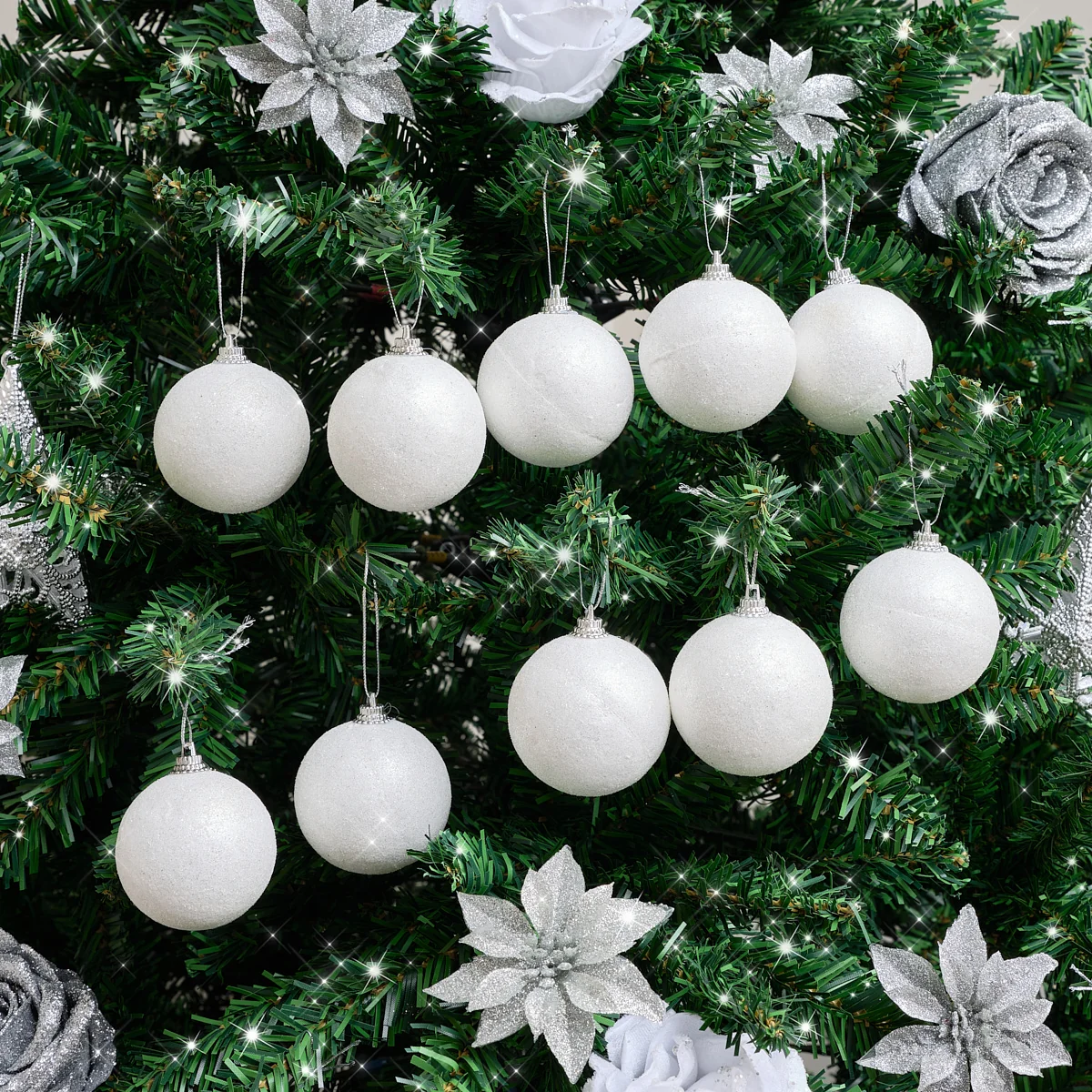 Consistent Set of 10 White Snowball Glitter Baubles Trendy