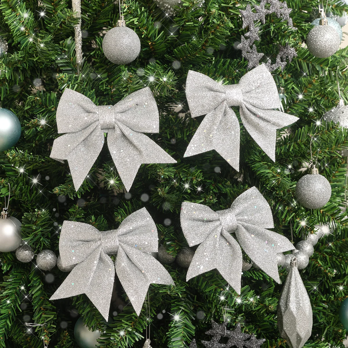 Fine Crafted Set Of 4 Silver Glitter Bows Superior