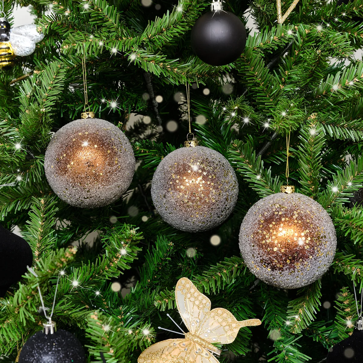 User-Friendly Set of 3 Large Bronze Gold Glitter Baubles Certified