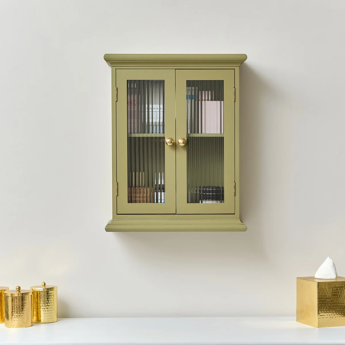 Unique Olive Green Reeded Glass Wall Cabinet Soft