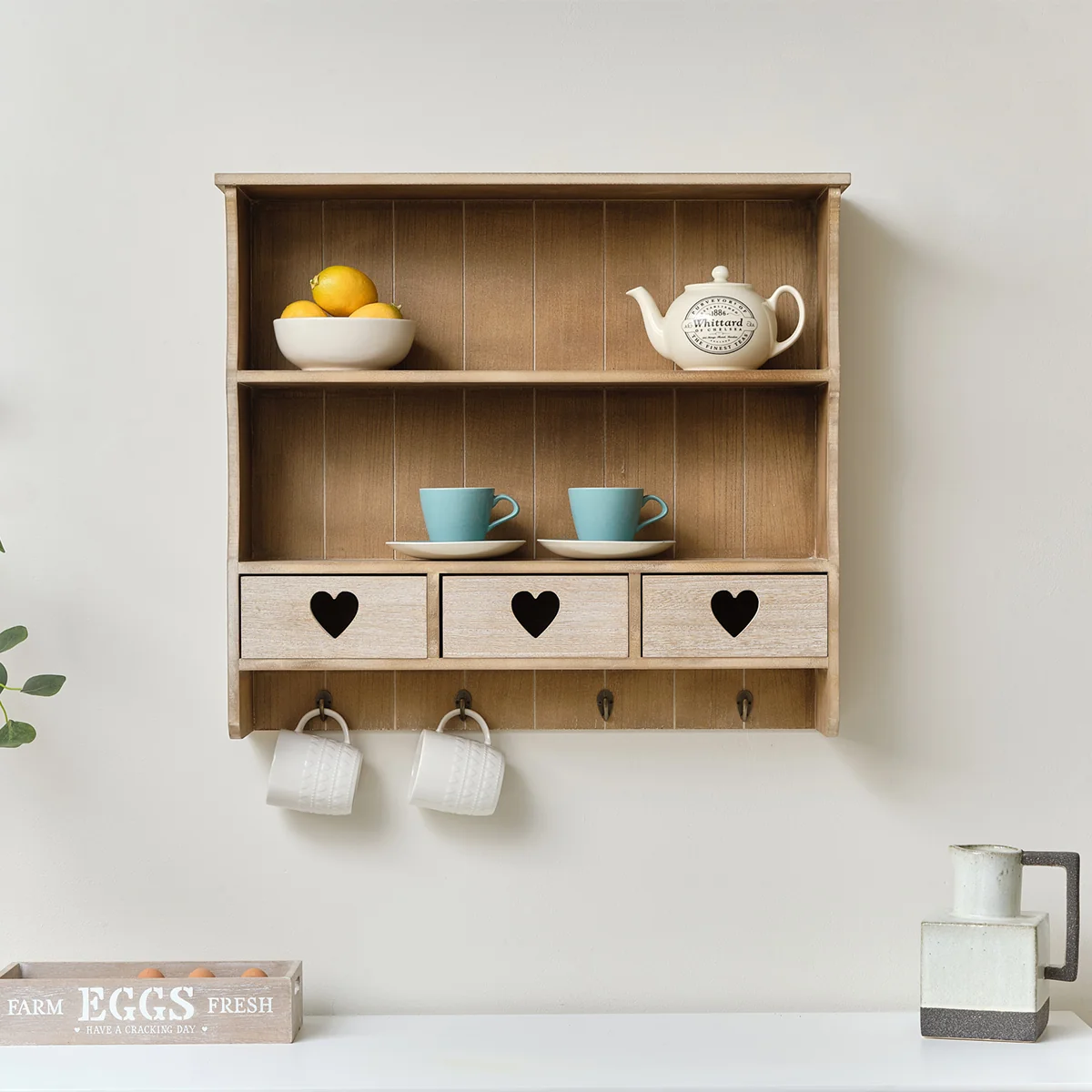 Contemporary Large Rustic Wooden Wall Shelving Unit with Heart Drawers Storage Hooks Stylish