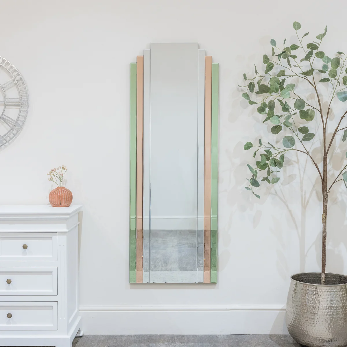 Excellent Large Frameless Pink Green Glass Art Deco Wall Mirror 52cm x 142cm Lightweight