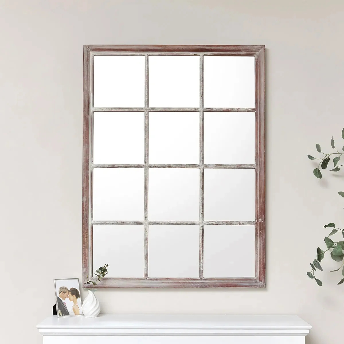 Fast Large Rustic Wooden Window Wall Mirror 120cm x 90cm Reliable