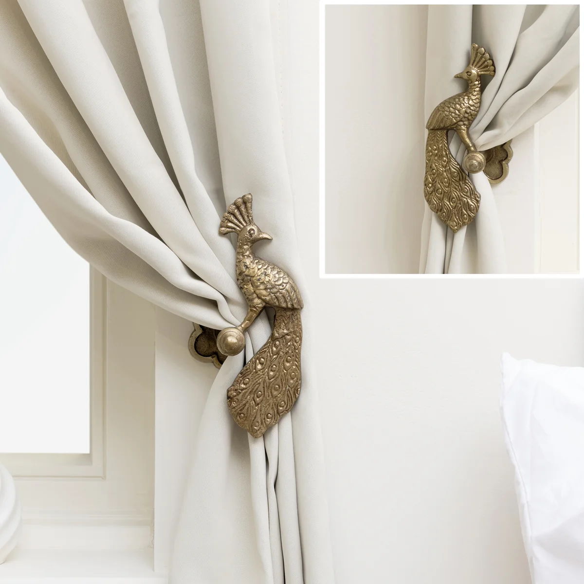 User-Friendly Set of 2 Antique Brass Gold Metal Peacock Curtain Tie Backs Clean