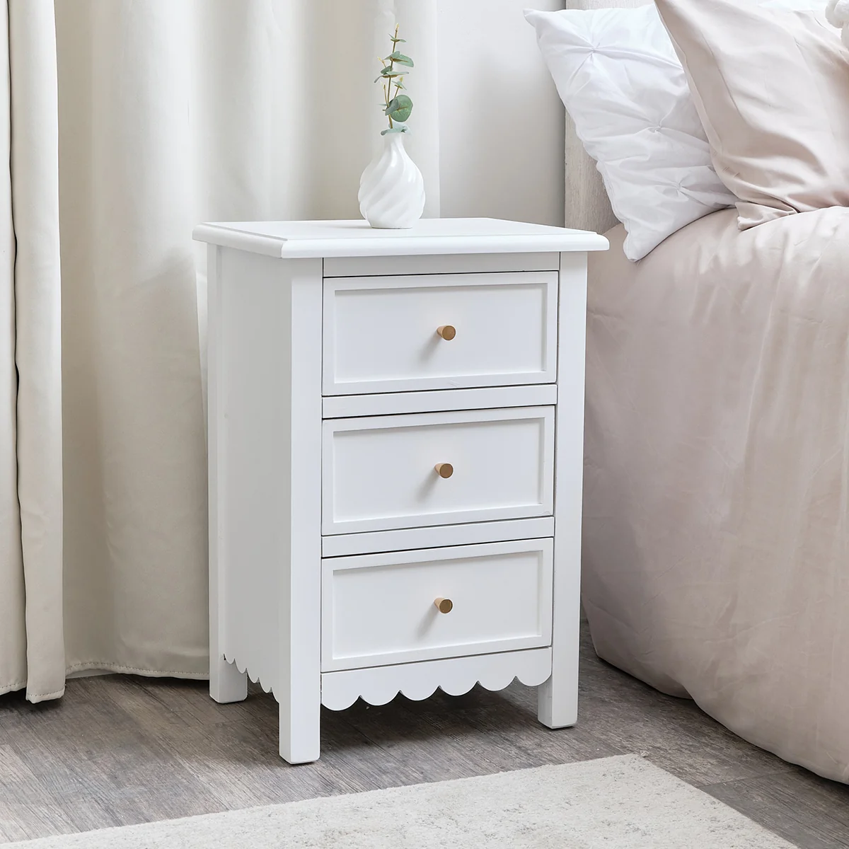 Solid 3 Drawer Scalloped Bedside Table – Staunton White Range Smart