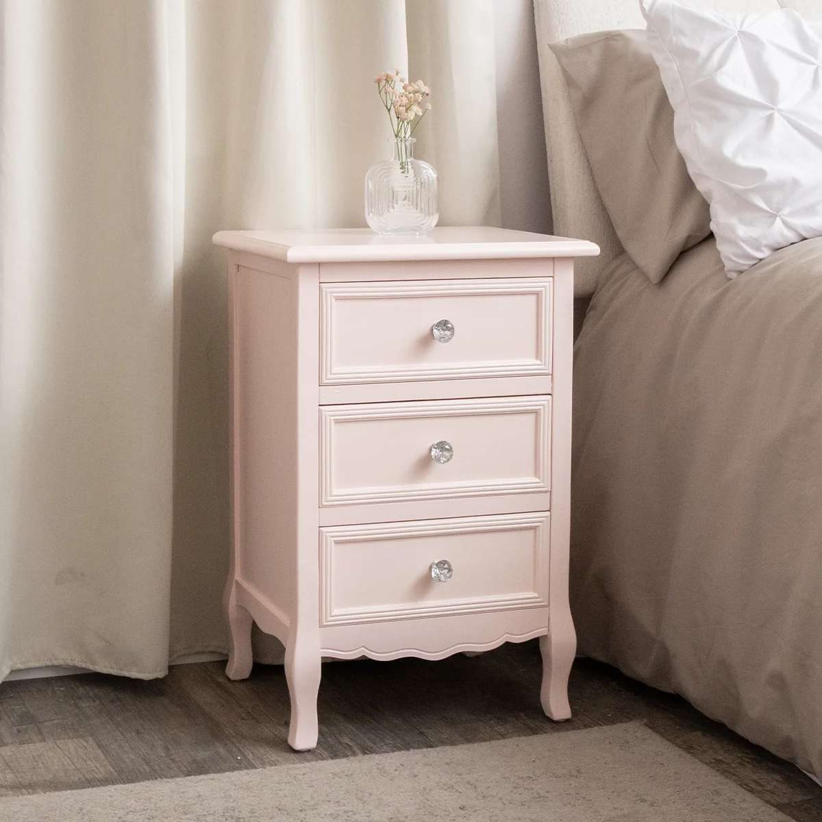 High-Grade Pink 3 Drawer Bedside Table – Sophia Pink Range Smart