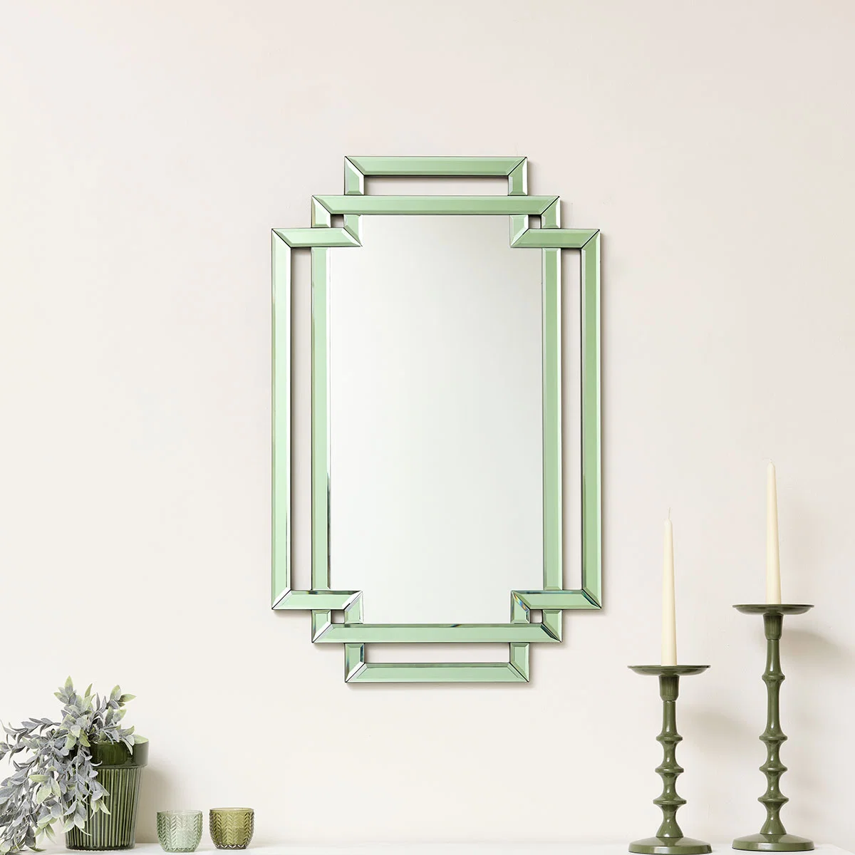 Genuine Green Glass Art Deco Rectangle Wall Mirror – 80cm x 50cm Secure