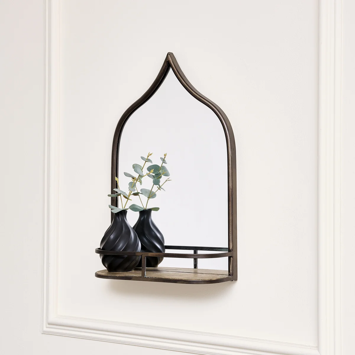 Fashionable Rustic Metal Arched Mirror With Gold Shelf – 48cm x 30cm Organic