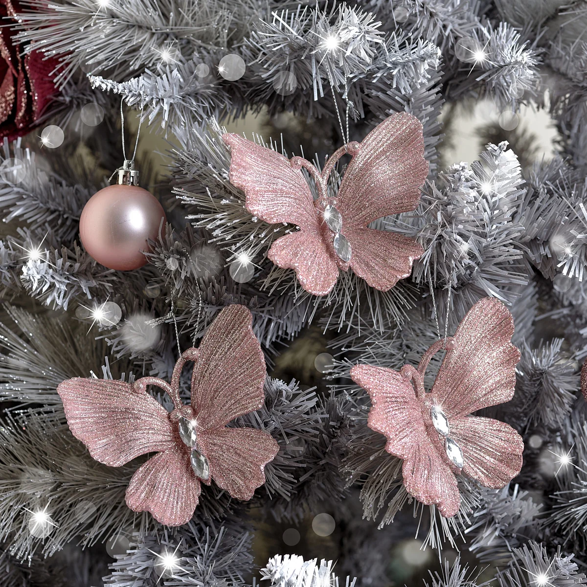Luxury Set of 3 Pink Glitter Jewelled Butterfly Christmas Decorations – 10cm Contemporary