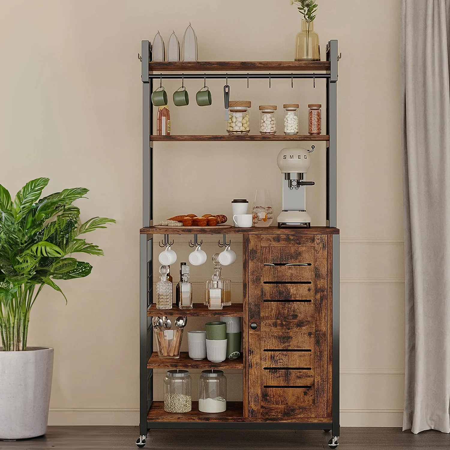 High-Grade Bakers Rack Microwave Stand Coffee Station Kitchen Storage with Power Outlets Wheels Feet Cabinets and 10 S-HooksBakers Rack Microwave Stand Coffee Station Kitchen Storage with Power Outlets Wheels Feet Cabinets and 10 S-Hooks Refined