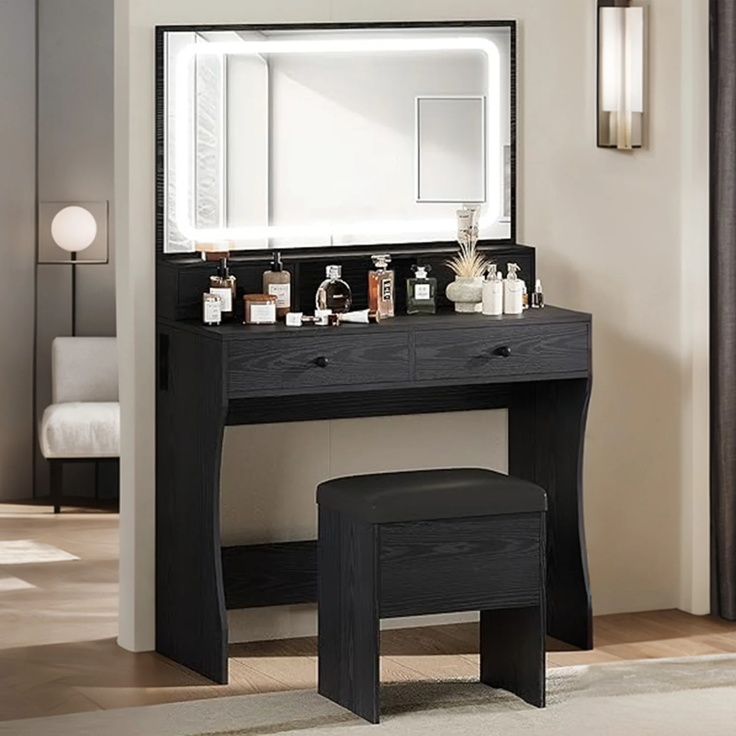 Reliable Vanity Desk Set Makeup Vanity with Power Outlet LED Mirror Storage StoolVanity Desk Set Makeup Vanity with Power Outlet LED Mirror Storage Stool Prestigious