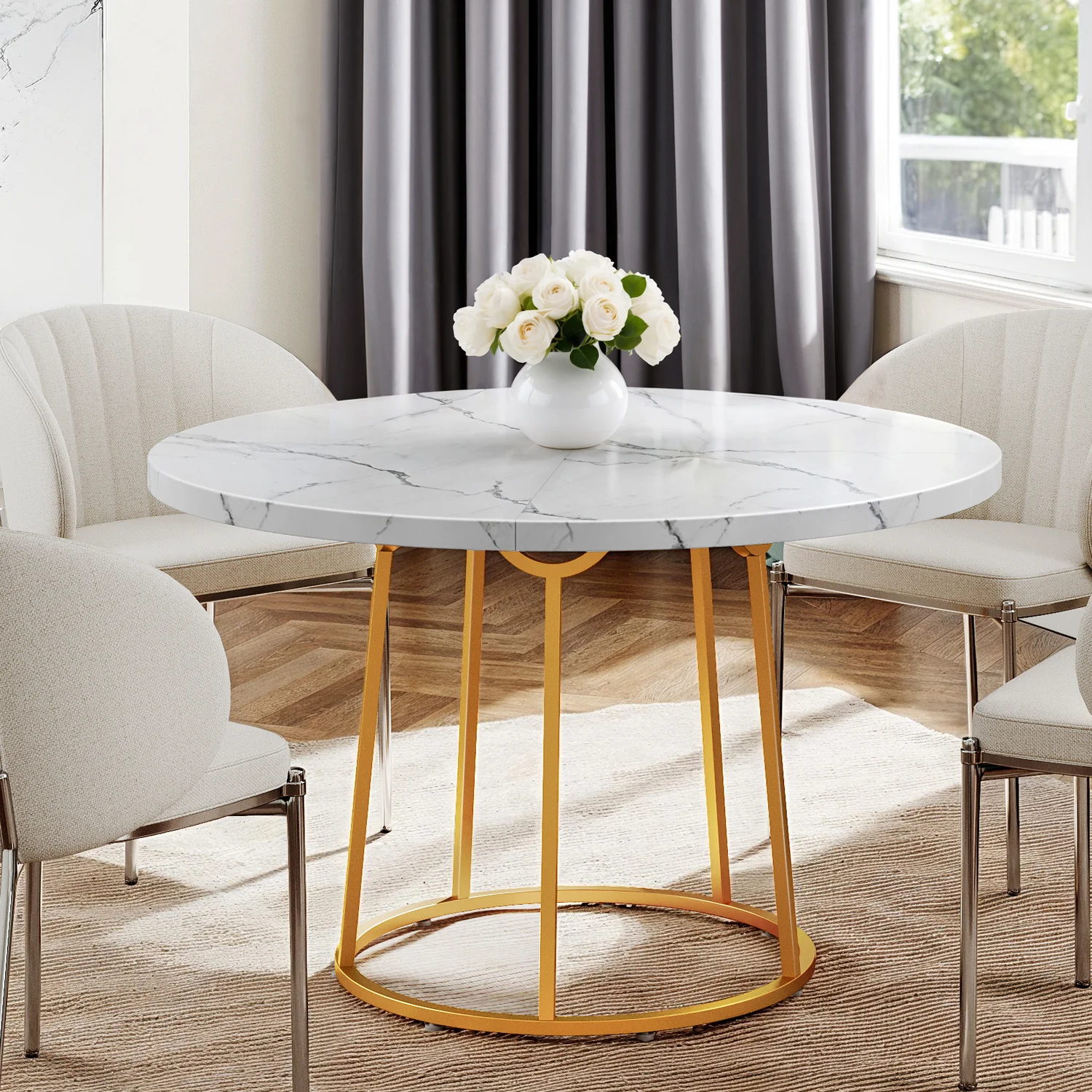 Versatile Round Dining Table Wooden 47 Inch Marble Pattern Kitchen Table for 4 PeopleRound Dining Table Wooden 47 Inch Marble Pattern Kitchen Table for 4 People Quality