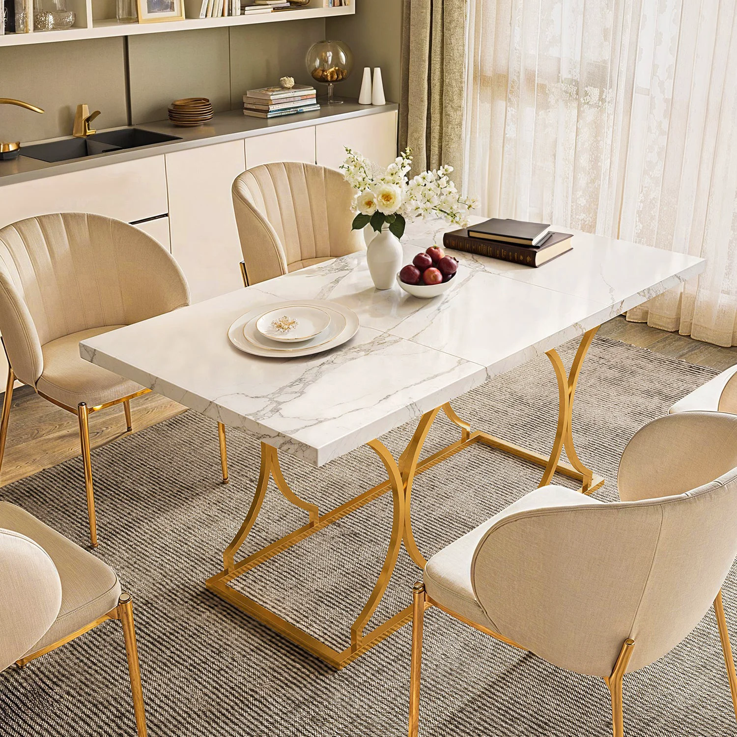 Practical Dining Table Wooden Rectangle Marble Pattern Kitchen Table for 6 PeopleDining Table Wooden Rectangle Marble Pattern Kitchen Table for 6 People Prestigious