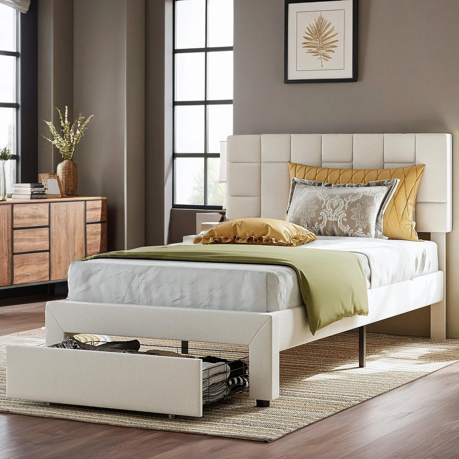 Green Twin Bed Frame Platform Upholstered Bed Frame with Under-Bed Drawer No Box Spring NeededTwin Bed Frame Platform Upholstered Bed Frame with Under-Bed Drawer No Box Spring Needed Sophisticated