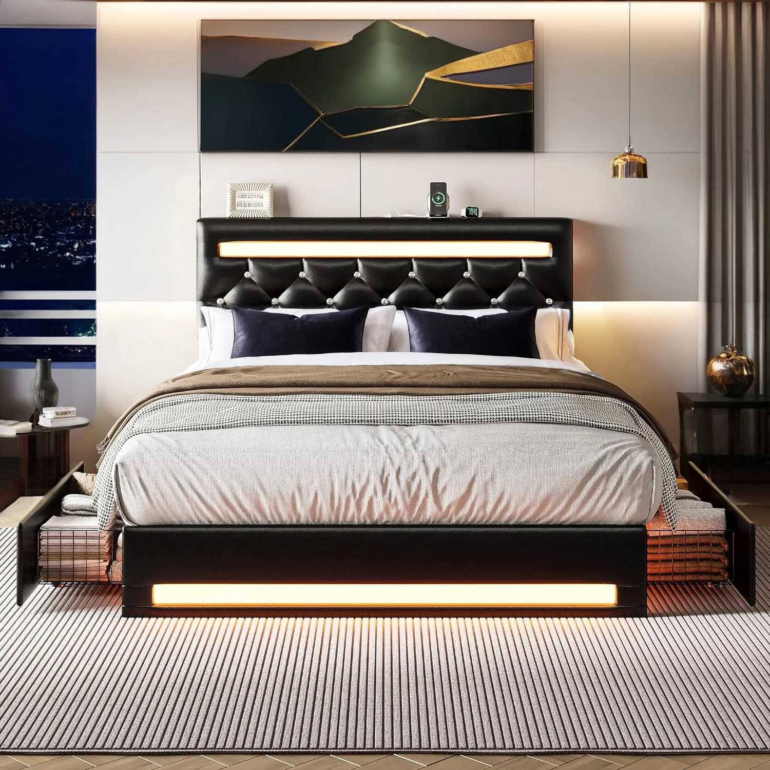 Verified PU Leather Platform Bed Frame with LED Light 4 Drawers Adjustable Button HeadboardPU Leather Platform Bed Frame with LED Light 4 Drawers Adjustable Button Headboard Minimalist