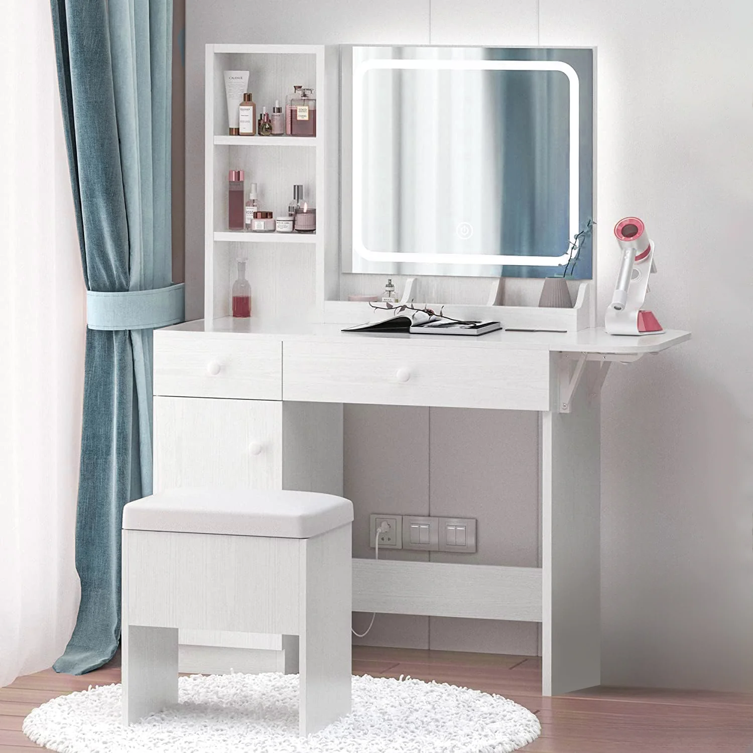Casual Vanity Desk with Drop Leaf Power Outlet LED Lighted Mirror and Storage StoolVanity Desk with Drop Leaf Power Outlet LED Lighted Mirror and Storage Stool Relaxed