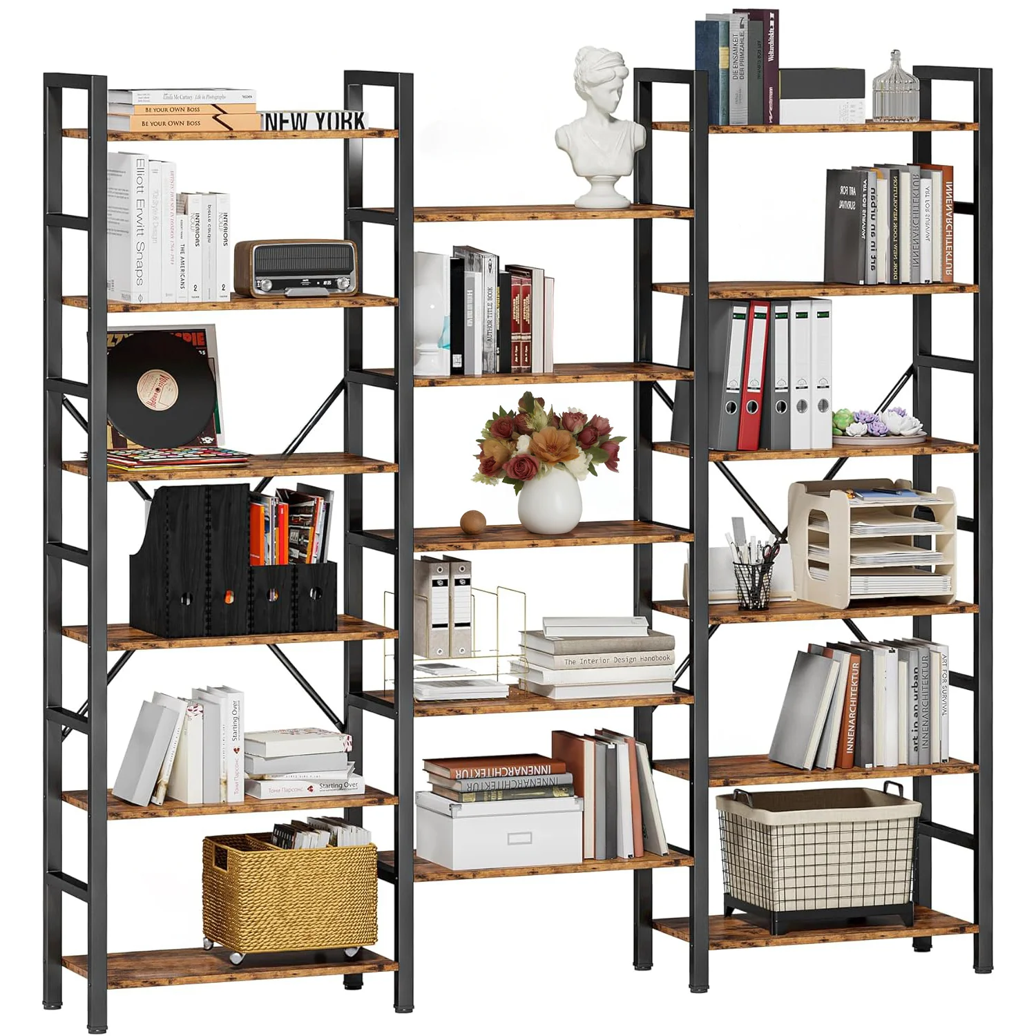 Clean Triple Wide 6 Tiers Industrial Bookshelf Large Etagere Bookcases and Bookshelves Open Display Shelves with Metal FrameTriple Wide 6 Tiers Industrial Bookshelf Large Etagere Bookcases and Bookshelves Open Display Shelves with Metal Frame Sustainable