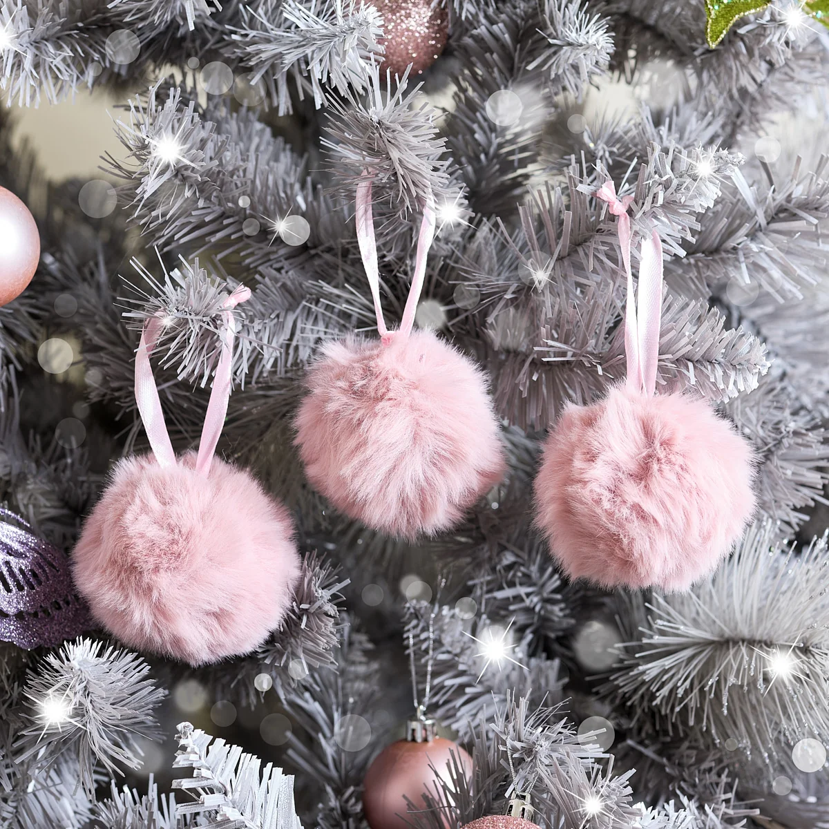 Versatile Set Of 3 Blush Furry Pom Pom Baubles – 8cm Specialty