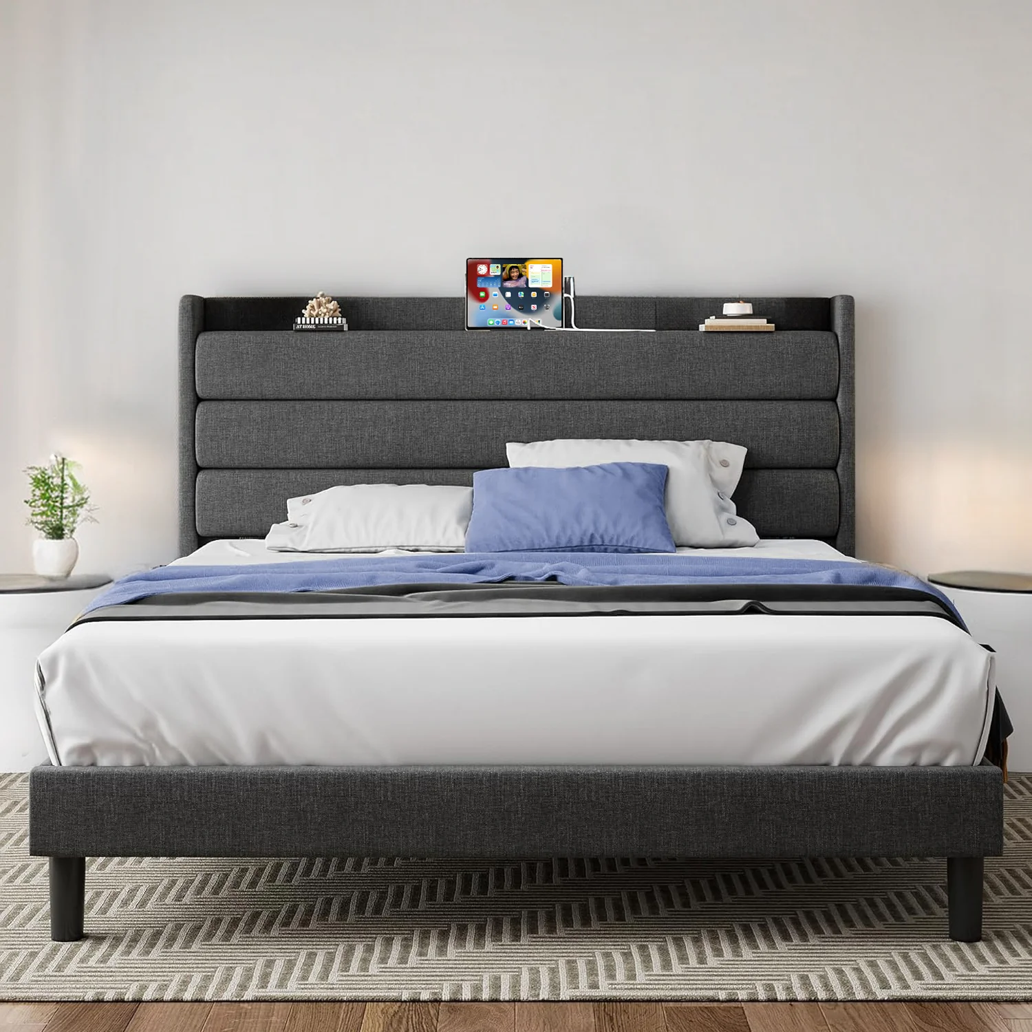 Traditional Upholstered Bed Frame with Storage Headboard and Outlets Dark GrayUpholstered Bed Frame with Storage Headboard and Outlets Dark Gray Lightweight