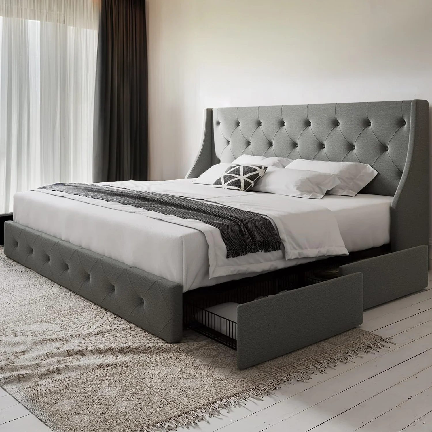 Advanced Bed Frame with 4 Storage Drawers and Wingback Headboard Button Tufted Design No Box Spring NeededBed Frame with 4 Storage Drawers and Wingback Headboard Button Tufted Design No Box Spring Needed Natural